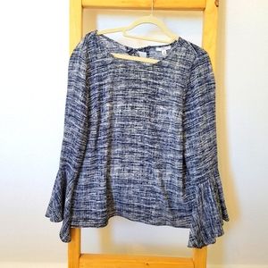 H by Halston Bell Sleeve Blue Print Blouse